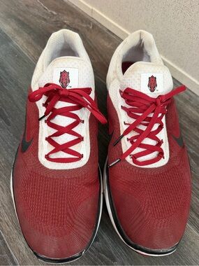 Nike Red and White Low-Top Running Shoes with Black Swoosh
